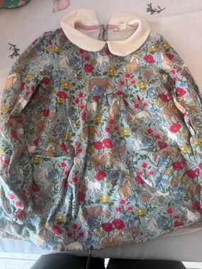 Mini Boden Blue Floral Horse Print Long Sleeve Top with Cream Collar